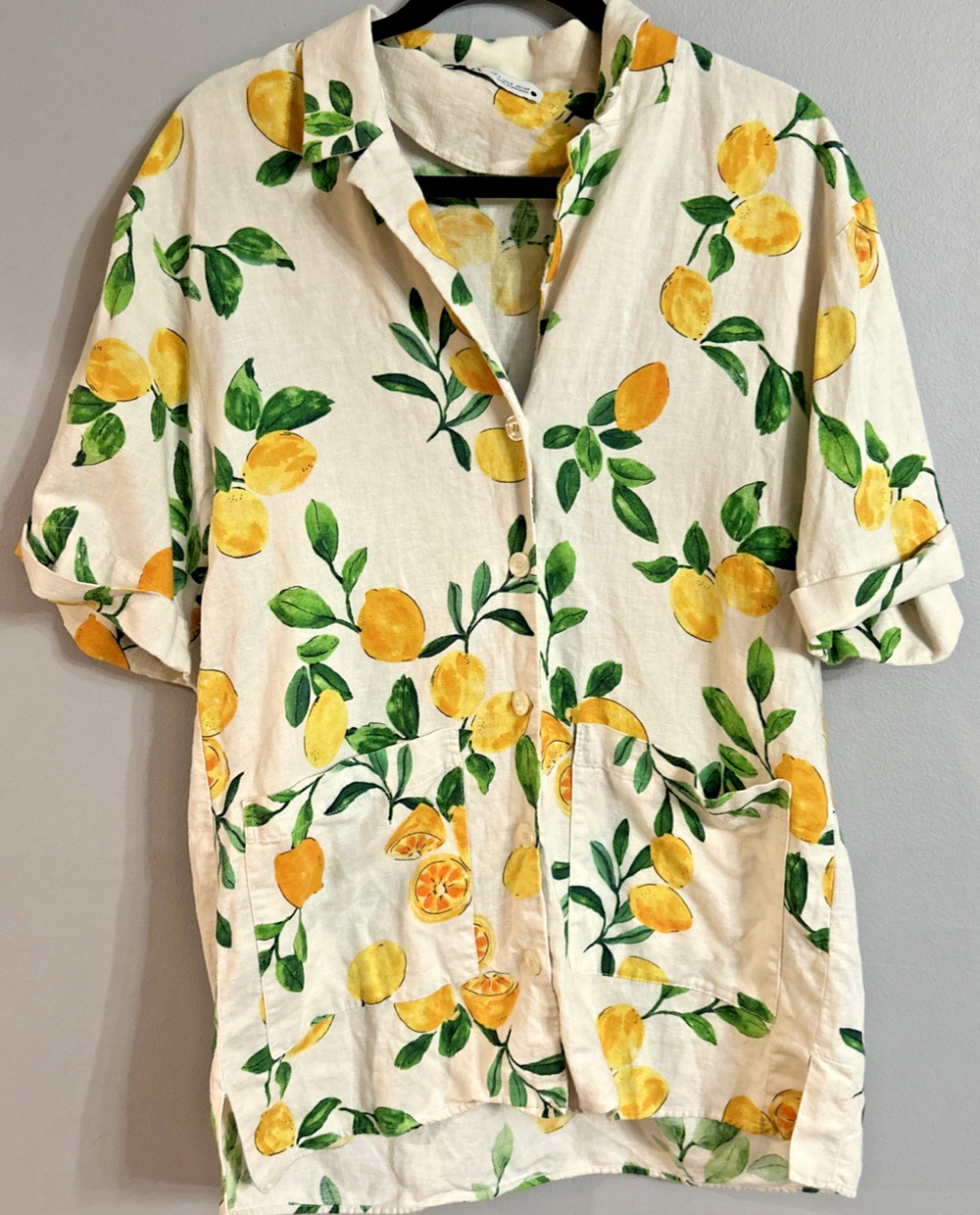 ZARA women Lemon Linen Blend Shirt Euro summer boxy coastal bohemian vacation S